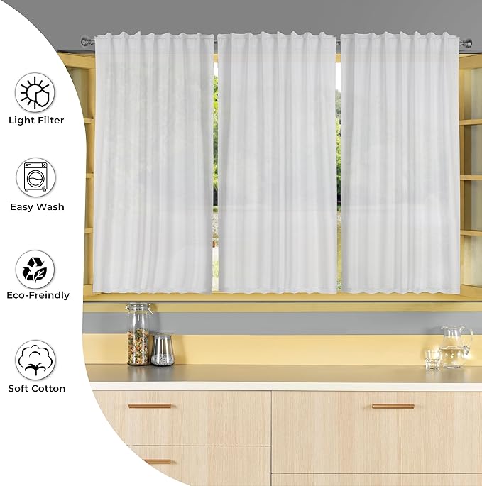 Ramanta Home 100% Cotton Light Filtering Curtains 50x72 Inch - Set of 2, White Curtain for Living Room, Bedroom, Farmhouse Cotton Textured Slub Fabric Semi Sheer Back Tab Window Linen Panels - White