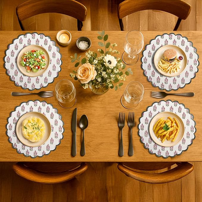 Ridhi Bo-ho Round Place Mat Double Layer Floral Cotton Washable Placemats 15" Round Embroidery Block Print Table Mat (Pack of 4-15 Inch Round, Pink and Green)