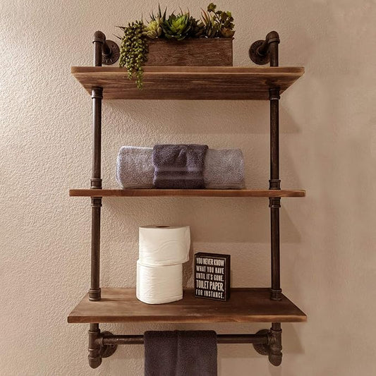 Industrial Pipe Shelf,Rustic Wall Shelf with Towel Bar,24" Towel Racks for Bathroom,3 Tiered Pipe Shelves Wood Shelf Shelving