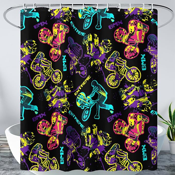 AILONEN Motocross Shower Curtain,Motorcycle Racer Bath Curtain,Extreme Sports Decoration,Colorful Graffiti Dirt Bike Shower Curtain for Kids Boys,Black Washable, 36" W x 72" H