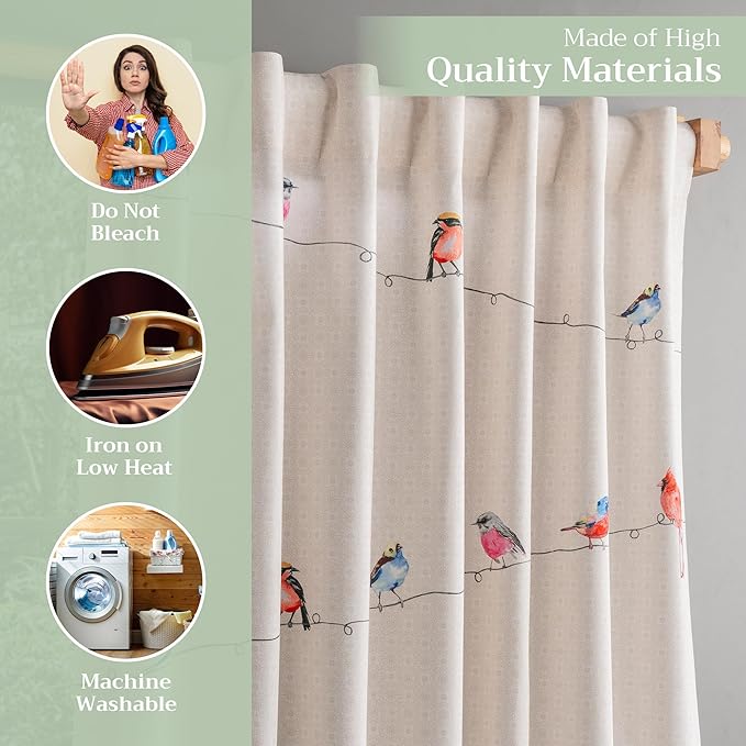 Maison d' Hermine Curtains for Living Room 100% Cotton 124 inch Length Two Panels Light Filtering Curtains for Bedroom Windows with Rod and Loop Pockets Drapes (Birdies On Wire, 50" W x 124" L)