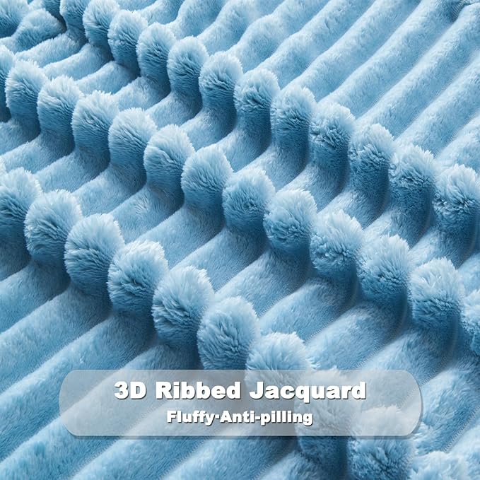 NEWCOSPLAY Super Soft King Blanket Blue Premium Silky Flannel Fleece 3D Ribbed Jacquard Lightweight Bed Blanket All Season Use (Blue Ribbed, King(90"x110"))