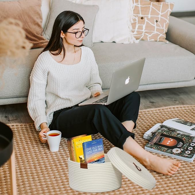 Cotton Basket Set of 2, Round, White, with Genuine Leather Handles, Lidded Storage Baskets for Organizing