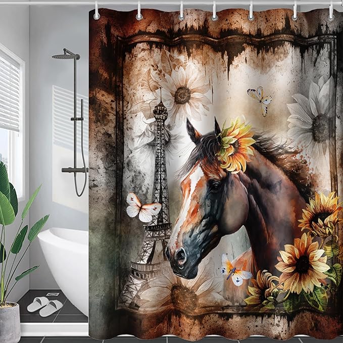 AILONEN Horse Shower Curtain,Sunflower Eiffel Tower Horse Bath Curtain,Retro Horse Polyester Waterproof with 12 Plastic Hooks 72" W*84" H