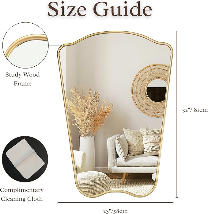 PERFNIQUE Gold Bathroom Mirror Irregular Wall Mirror, 32'' x 23'' Wood Framed Mirror, Decorative Vintage Mirror, Modern Vanity Mirror for Over Sink Bathroom Living Room Entryway, Modern Wall Decor