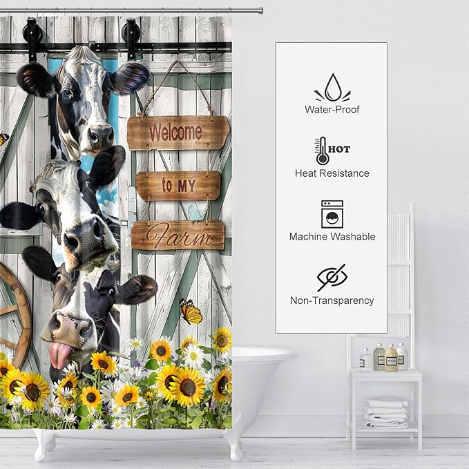Farmhouse Cow Shower Curtain Funny Animal Butterfly Sunflower Cow Shower Curtains for Bathroom Decor Waterproof Polyester Fabric Western Barn Door Bathroom Curtain with Hooks 55x72 Inch