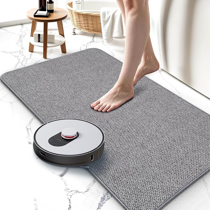 Upgraded Thin Bathroom Rugs, Bath Mat Super Absorbent, Bath Rugs Rubber Backing Non-Slip, Quick Dry Machine Washable, Cozy Cloth Bathroom Mat fit Under Door/Sink/ Bathtub/Shower/Kids 19''x30''-Gray