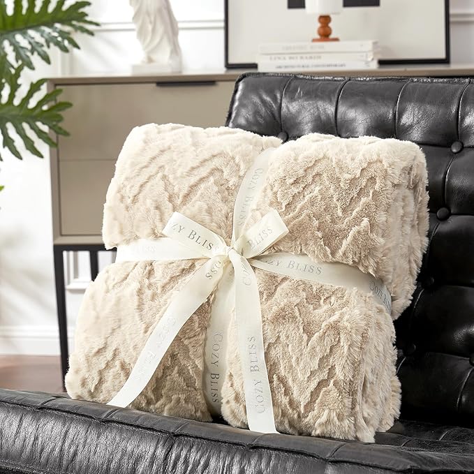 Cozy Bliss Faux Fur Throw Blanket for Couch - Clearance Soft Fuzzy Cozy Throw Gift Blankets for Women,Beige Boho Blanket for Sofa Bedroom Living Room.50 * 60 Inches