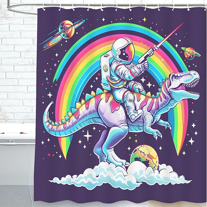 Dinosaur Shower Curtain for Bathroom, Dino Shower Curtain for Kids Boy,Astronaut Rides Dinosaur Polyester Shower Curtain Waterproof Washable Durable 12 Hooks 72"x72" Dinosaur Decor