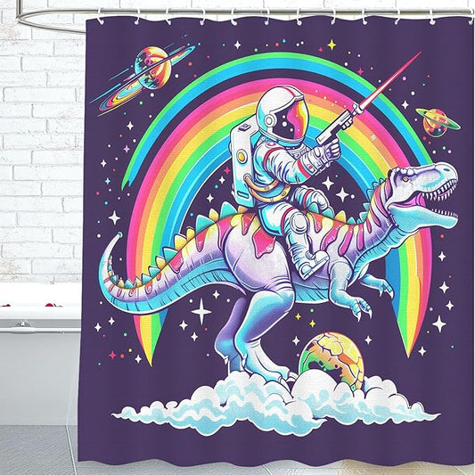 Dinosaur Shower Curtain for Bathroom, Dino Shower Curtain for Kids Boy,Astronaut Rides Dinosaur Polyester Shower Curtain Waterproof Washable Durable 12 Hooks 72"x72" Dinosaur Decor