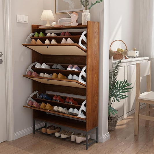 AVZEAR Narrow Shoe Storage Cabinet with 3 Flip Drawers, Freestanding Wooden Closed Shoe Rack, Slim Cabinet Storage for Entryway, Hallway, Living Room (Walnut)