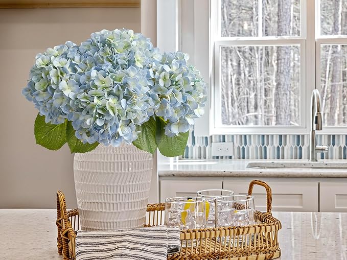 20" 4PCS Artificial Light Blue Hydrangea Flowers Large Faux Latex Real Touch Fake Hydrangeas Silk Bouquet with Leaves Stems for Family Table Office Wedding Party Arrangements