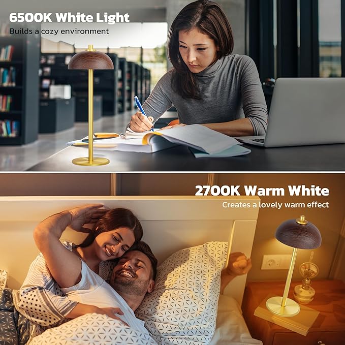 2 Pack Cordless Table Lamp, 5000mAh Portable Rechargeable Table Lamp, 3 Color Stepless Dimming Table Light with Memory Function, for Outdoor, Dinner, Patio, Home, Restaurant.(Wood Grain)