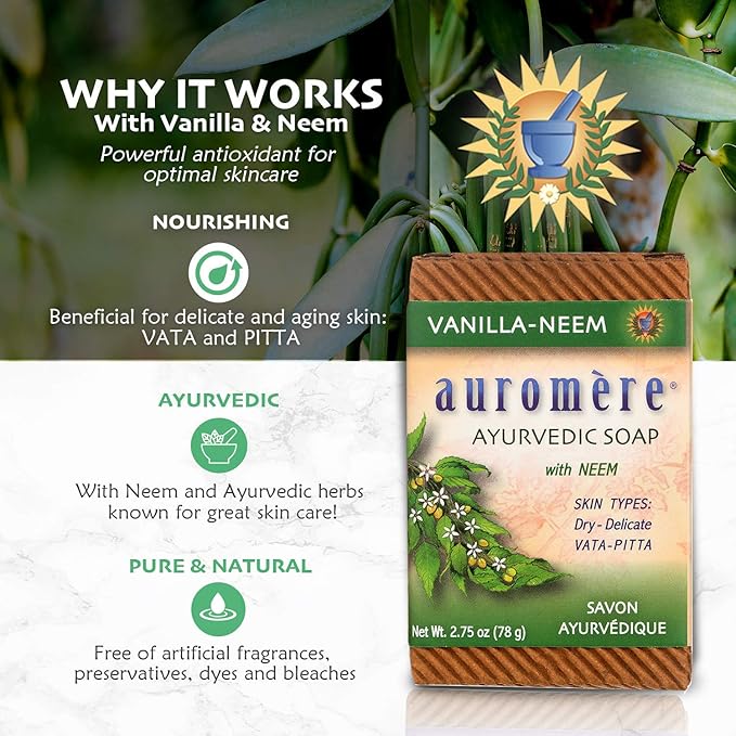 Auromere Ayurvedic Bar Soap, Vanilla Neem - Eco Friendly, Handmade, Vegan, Cruelty Free, Natural, Non GMO (2.75 oz), 4 pack