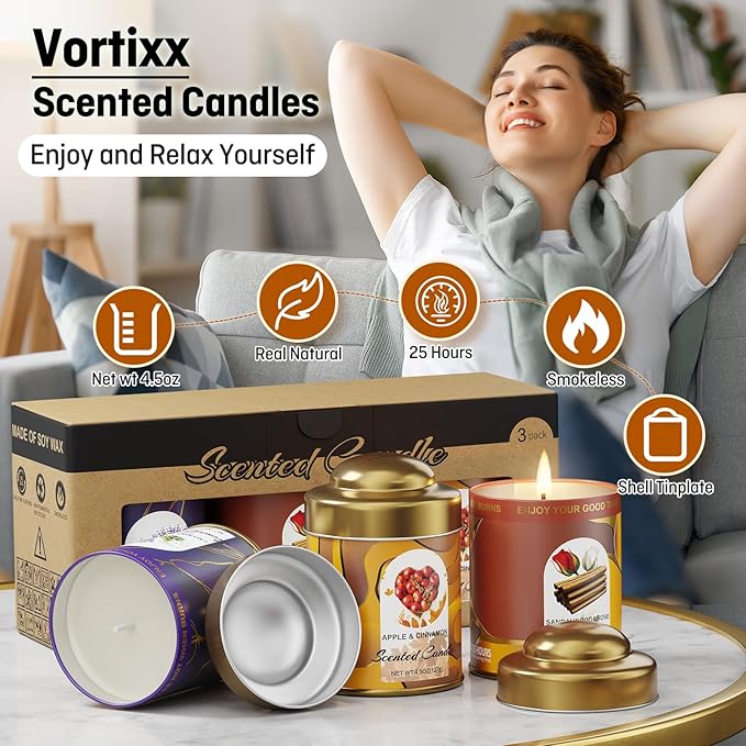 3-Pack Aromatherapy Candle Set - Lavender & Thyme, Apple & Cinnamon, Sandalwood & Rose Scented Candles 4.5oz Each | 25+ Hour Relaxing Long-Lasting Burn | Soy Candles for Home, Gifts & Christmas