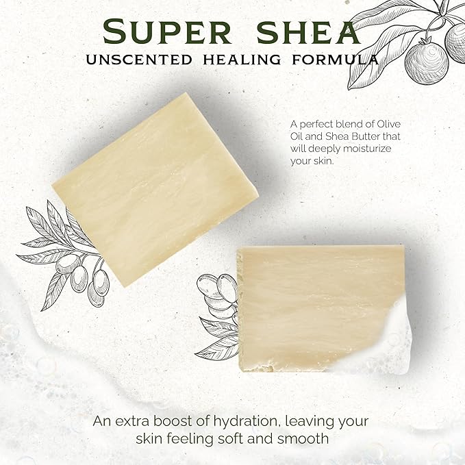 Super Shea (Unscented Olive Oil and Shea Butter) - Made in USA - All Natural Bath Soaps for All Skin Types - Plant Based, Cold Process and Handmade - (3 Pack)