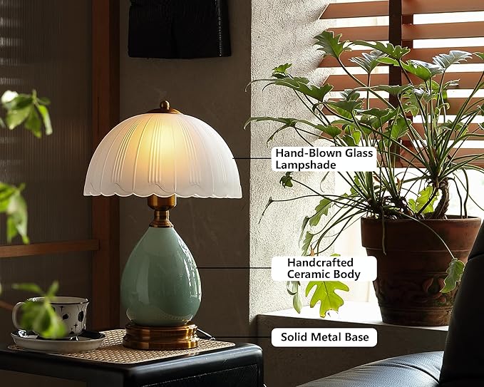 Vintage Lamp for Living Room,16" Modern Ceramic Table Lamps for Bedroom,Retro Bedside Nightstand Traditional Lamps, Classic Chinoiserie Green Lamp for Home Decor (LD001)