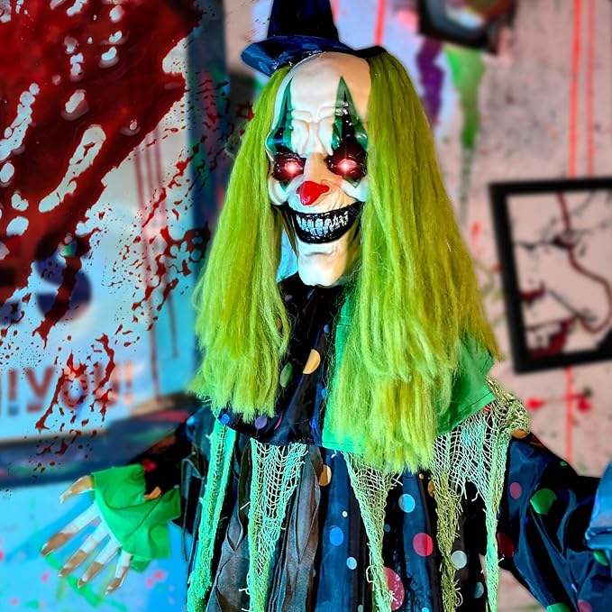 Haunted Hill Farm Lifesize Animatronic Scary Talking Clown with Touch Activated Lights and Sound, Battery-Operated Indoor or Covered Outdoor Halloween Decoration