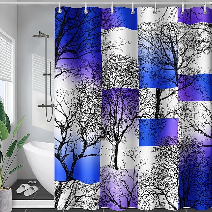 AILONEN Blue and White Tree Abstract Shower Curtain,Minimalist Printed Plant Tree Arts Bath Curtain,Modern Boho Waterproof Curtain for Bathroom Decor, 48" W x 72" H