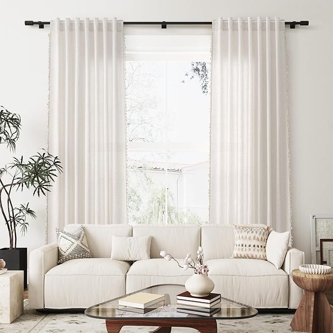Beige Boho Linen Curtains 72 Inches Long 2 Panels Textured Farmhouse Semi Sheer Window Curtains Tassels Back Tab Neutral Light Filtering Chic Curtain Drapes for Living Room Bedroom 52x72