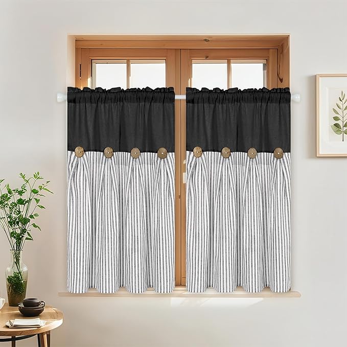 ASPMIZ Cotton Linen Window Treatment Tiers 24 Inch, Boho Rustic Kitchen Curtains Farmhouse, Black with Grey Stripe Half Window Curtain, Country Short Rod Pocket Curtains for Small Window, 2 Panels