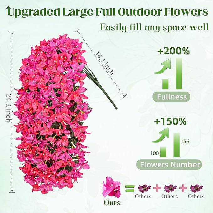 8 Pcs UV Resistant Artificial Flowers for Outdoors, Realistic Faux Silk Bougainvillea Flowers, Fake Hanging Plants for Porch Patio Balcony Decoration (Rose red & Purple)
