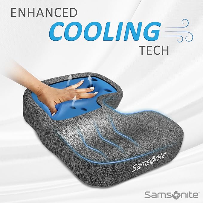 SAMSONITE, Gel-Infused Memory Foam Seat Cushion with Enhanced Airflow Design for Cooling Experience, Fits Most Office Chairs and Car Seats, Supportive Sitting Pillow for Orthopedic Comfort…