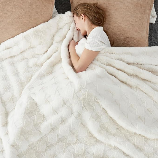 Cozy Bliss Faux Fur Throw Blanket for Couch - Clearance Soft Checkered Fuzzy Plush Cozy Throw Gift Blankets for Women,Cream White Boho Blanket for Sofa Bedroom Living Room.50 * 60 Inches