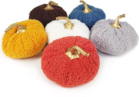 Ogrmar 6 Pack Fabric Artificial Pumpkins Set Teddy Velvet Decoration Pumpkins Lifelike Harvest Pumpkins for Halloween Fall Harvest Festival, Thanksgiving Decoration