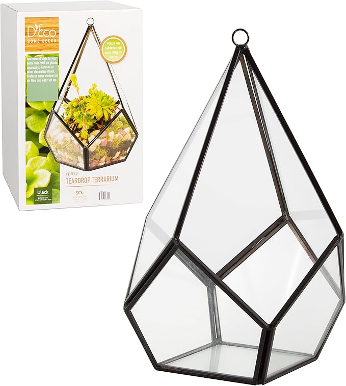 D'Eco Glass Geometric Plant Terrarium (5.7x5.7x7)- Tabletop & Hanging Teardrop Terrarium - Succulents, Air Plants, Moss- Summer Home, Garden, Wedding & Office Botanical Decor- Gift for Plant Lovers