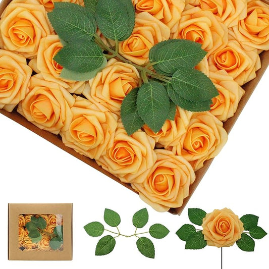 100Pcs Artificial Flowers Creamy Yellow Roses Real Looking Foam Fake Roses with Leaves and for DIY Wedding Bouquets Bridal Shower Centerpieces Party Decorations (Creamy Yellow, 100)
