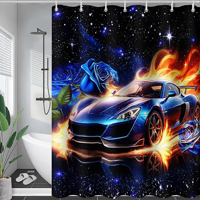 AILONEN Racing Car Shower Curtain for Bathroom, Blue Galaxy Starry Sports Cat Bath Curtain,Speed Car Shower Curtain for Kids Teen,Waterproof Curtain Bathroom 72" W*84" H Decor with 12 Plastic Hooks