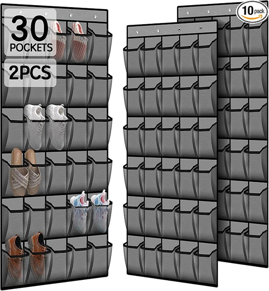 2PCS Over the Door Shoe Organizer with 30 Breathable Mesh Pockets - Large Capacity Closet Storage for Men & Women, Hanging Shoe Rack Organizer -Gray