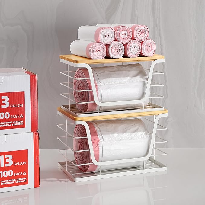 2 Pack Extra Large Trash Bag Holder with Bamboo Top, Wall Mount Stainless Steel Organization and Storage for Kitchen Sink, White