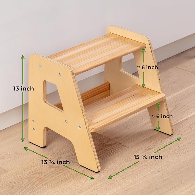 Wooden Step Stools for Kids - Sturdy, Non-Slip, Non-Tip Toddler Step Stool for Bathroom Sink for Your Little Girl or Boy - Varnished