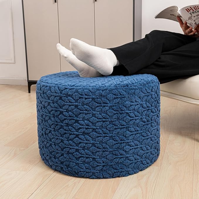 Round Pouf Ottoman Stuffed 20 x 20 x 14 Inches Boho Poof Foot Stool Home Decor Floor Pouffe Ottoman Foot Rest for Couch Sofa Bean Bag Chairs Living Room Bedroom (Navy Blue)