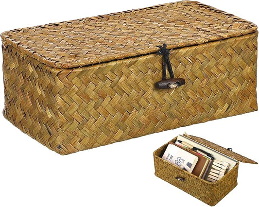 Seaweed Baskets with Lids: Seagrass Storage Woven Basket Straw Desktop Rattan 9 inch Hand- Woven Storage Basket Bins Container Organizer for Shelf Desktop Home Decor