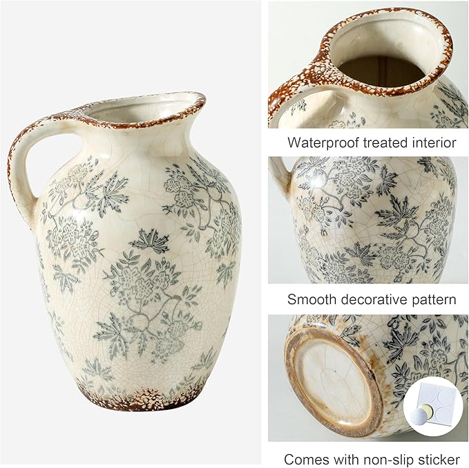 Enra Vintage vase with Handle,Blue and White Ceramic Decorative Flower vase, Chinoiserie Floral Vase,Large Rustic Vases for Home Decors, Living Room, Bookshelf, Office，9.7 inch