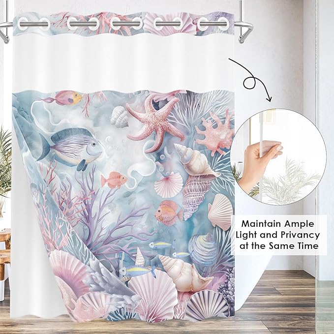 Sea Shells Coral No Hook Shower Curtain with Snap in Liner, Starfish Seashell Underwater Bath Curtain with Double Layers Waterproof Fabric and Mesh Top Window 71x74 Inch