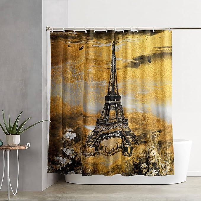 AILONEN Eiffel Tower Shower Curtain,Afterglow Tower Bathroom Fabric Shower Curtain for Boys Kids Teens, 48" W*72" H Vintage Orange & Black Style Paris Tower Bathroom Decor