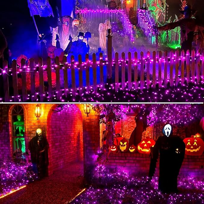 Halloween Decorations Lights, Solar String Outdoor Lights Purple 500LED Solar Outdoor Waterproof 19 Modes Decorations for Fence Balcony Holiday Party