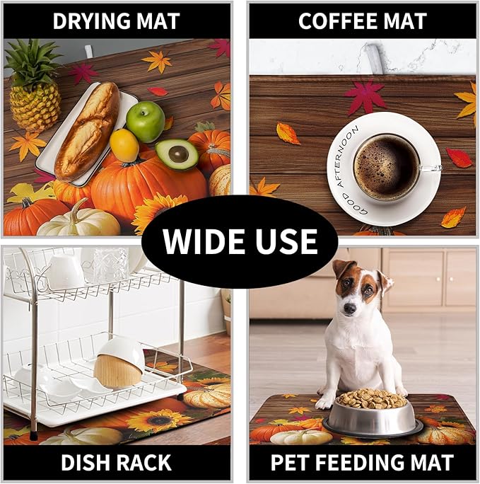 AutumnThanksgiving Pumpkin Dish Drying Mat for Kitchen Counter 16x18 Inch Fall Sunflowers Maple Leaves Harvest Kitchen Drying Mat Microfiber Super Absorbent Dish Rack Drainer Mat with Hanging Loop