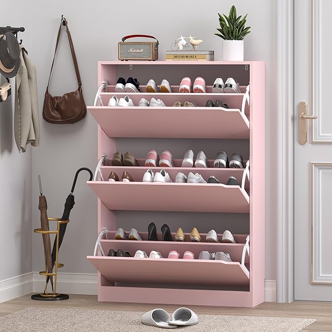 Shoe Cabinet with 3 Flip Drawers, Hidden Wood Shoe Cabinet,Freestanding Shoe Storage Cabinet for Entryway Hallway.White. 47.2" H*31.5" W*9.25" D (Pink)