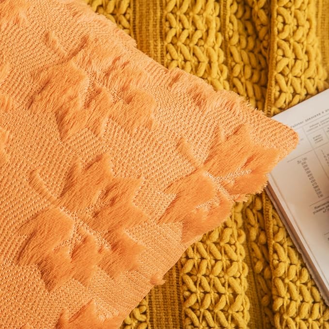 Maple Leaf Fall Throw Pillow Covers 18"x18" Set of 2, Orange Farmhouse Decorative Pillow Covers for Autumn Harvest Holiday Accent Pillow Cases, Faux Fur Pillow Covers for Couch Bed Room