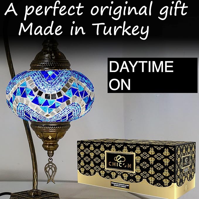 CHICON Handmade Mosaic Turkish Lamp | Genuine Glass Mosaic | A Piece of Art in Unique Lamps | Antique Vintage Lamp | Tiffany Boho Lamp | Moroccan Bohemian Small Table Lamp - SWAN Wave Blue