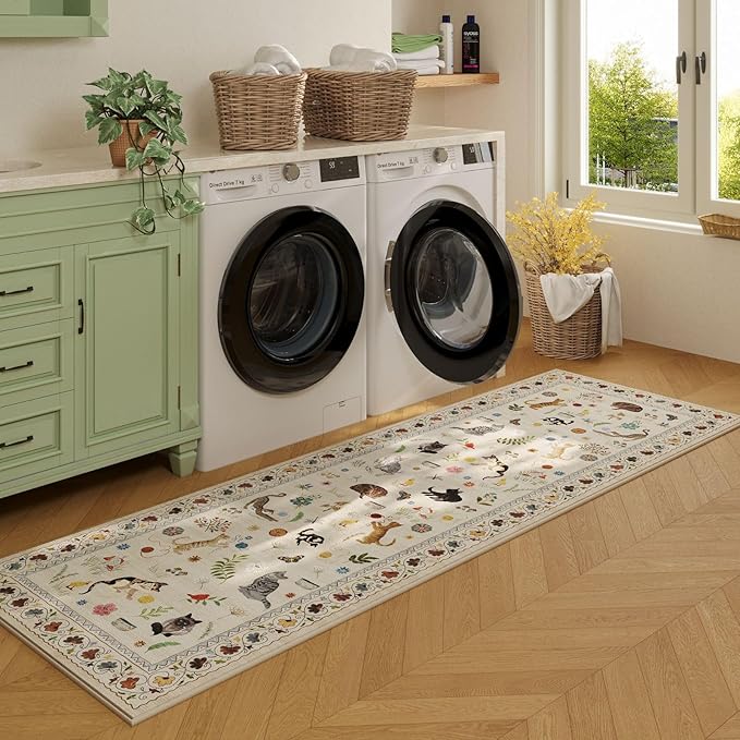 Runner Rug for Kitchen Non Slip 2'6''x8' Washable Rugs with Rubber Backing Soft Floral Animal Cat Carpet Runner for Kitchen Laundry Bedroom Bathroom, Beige