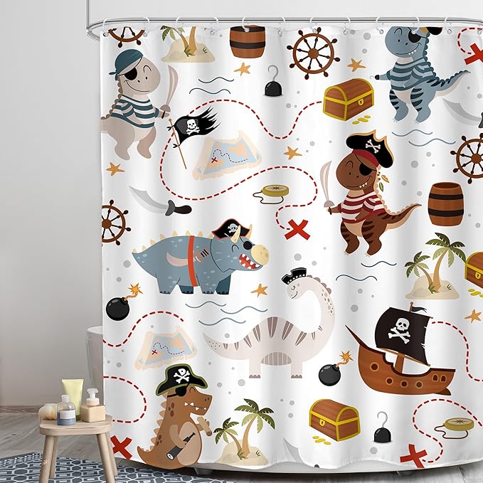 LGhtyro Kids Dinosaur Shower Curtain Bathroom Set 60Wx71H Inches Dino Pirate Boys Ship Cartoon Funny Nautical Sailboat Trex Raptor Bath Accessories Cute Animal Art Home Decor Fabric 12 Pack Hooks