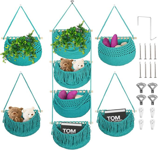 4 Tier Hanging Fruit Basket for Kitchen, 4 Pack Detachable Cotton Crocheted Wall Hanging Baskets Shelf Over Door Organizer for Fruit Veggie Plant, Hanging Storage Basket for Bathroom Bedroom(Aqua)