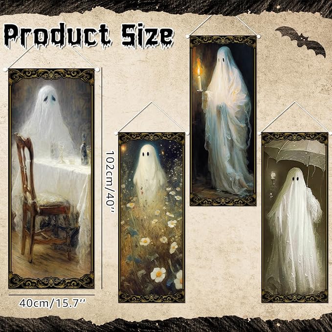 PATIAI Halloween Decorations 4 Pcs Vintage Halloween Hanging Banner Ghost Holding A Candle Photo Banner Backdrop for Indoor Outdoor