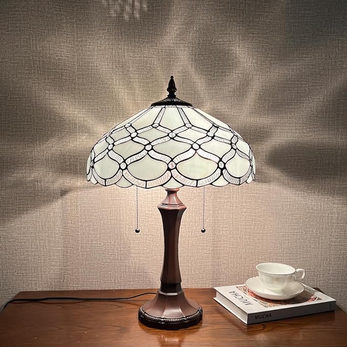 Tiffany Table Lamp,Antique Style Stained Glass Table Light,16 inch Large White Beside Desk Lamp for Living Room Bedroom Office,2-Lights